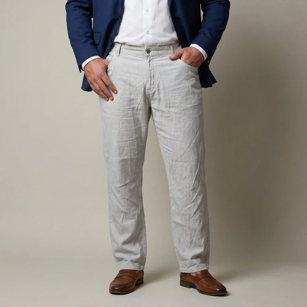 Brax Cooper Regular Fit Pants‎ Mens 38/32 Light Grey Cotton Stretch Micro Check